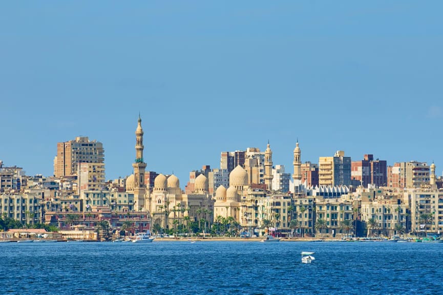 The harbor and skyline in Alexandria, Egypt