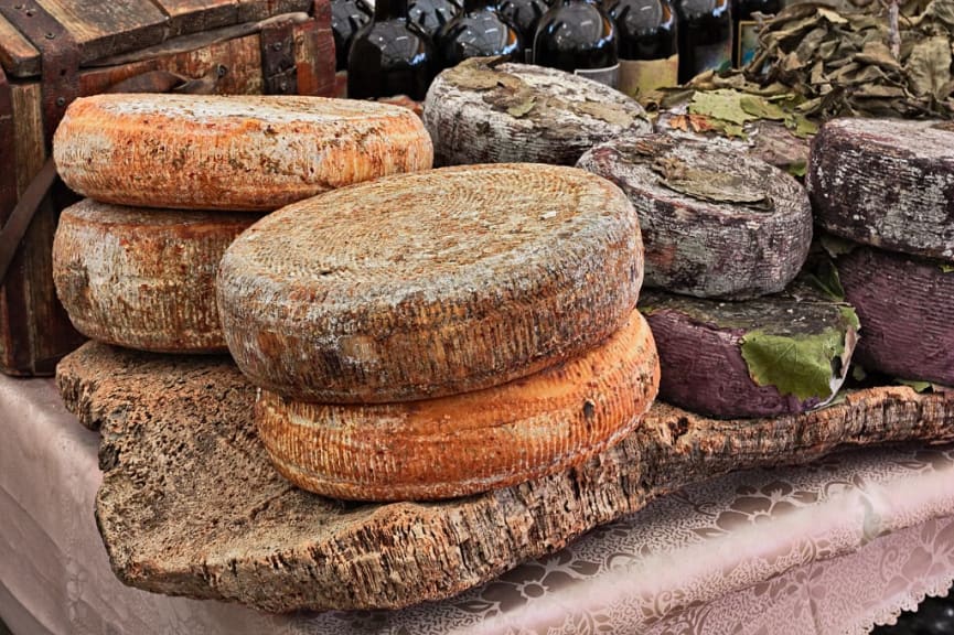 Artisan cheeses at a market in Sardinia, Italy