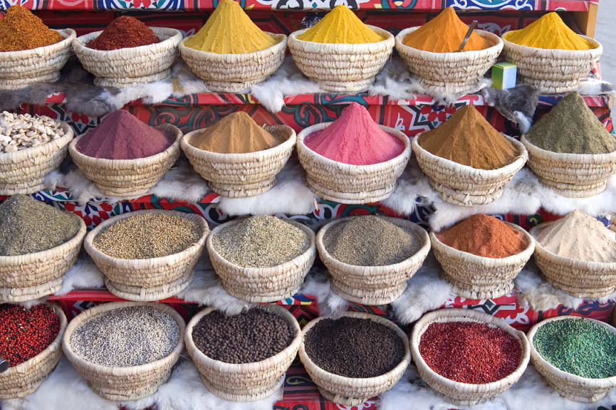 Colorful spices in baskets at a  market in Egypt