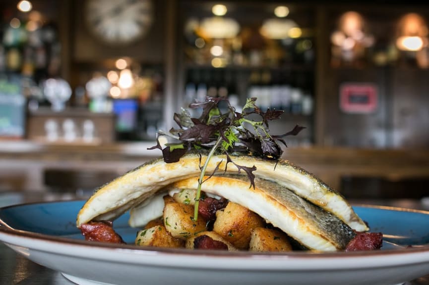 Sea bass dish at Flanigan's Gastro Pub in Ireland