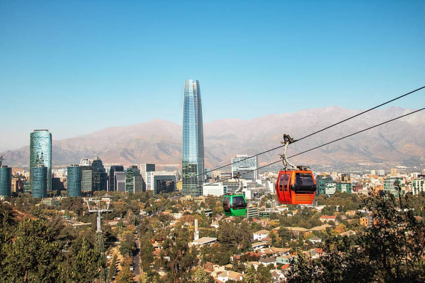 Metropolitan park cable car and skyline in Santiago, Chile