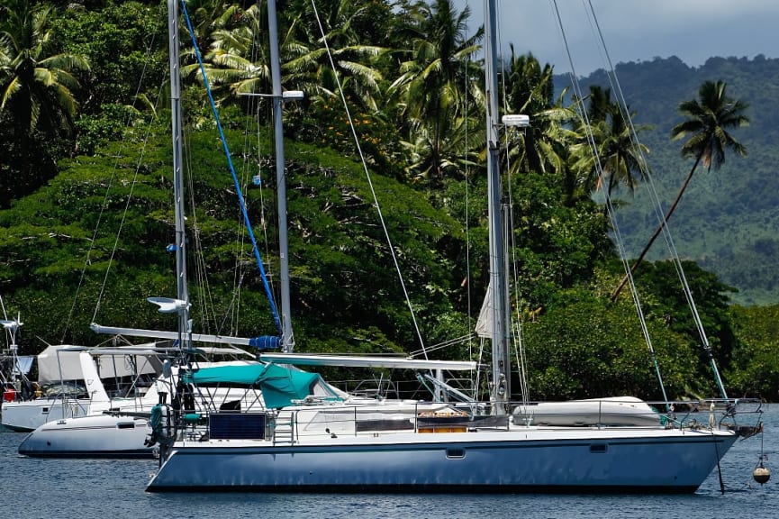 Sailboats at Savusavu Harbor in Vanua Levu Island in Fiji.