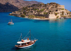 Ruins on Spinalonga Island, in the Gulf of Elounda in north-eastern Crete, Greece