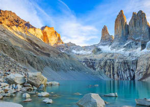 Patagonia's Three Towers and glacial lake in Torres del Paine, National Park, Chile