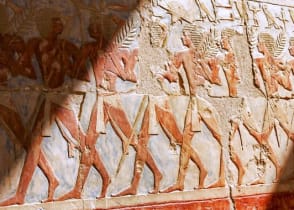 Egyptian hieroglyphs in side Queen Hatshepsut Temple in Valley of the Kings, Egypt