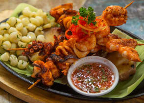 Shrimp and octopus main coarse at restaurant Chorillos District of Lima, Peru