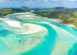 Aerial view of the Whitsunday Islands in Australia.