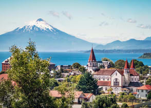 Puerto Varas with Sacred Heart church and Osorno Volcano in Chile