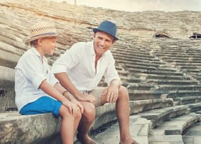 Father and son at Hierapolis ruins in Pamukkale, Turkey