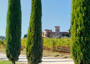 Gabbiano Castle with vineyards and cypress trees in Tuscany, Italy