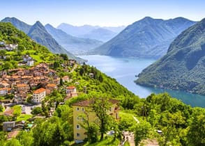 View to Lugano city, Lugano lake and Monte San Salvatore from Monte Bre, Ticino, Switzerland.