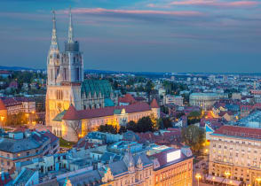 City square and cathedral at twilight in Zagreb, Croatia