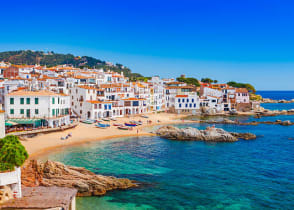 Blue bay and beach of Coastal town of Calella de Palafrugell in the Costa Brava Region of Spain