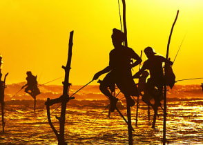 Silhouettes of the traditional fishermen at the sunset near Galle in Sri Lanka