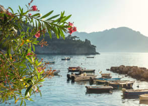 View of the bay and boats in the Conca dei Marini on the Amalfi Coast