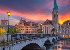 Bridge over the Limmat river leading into the the historic city center of Zurich, Switzerland.