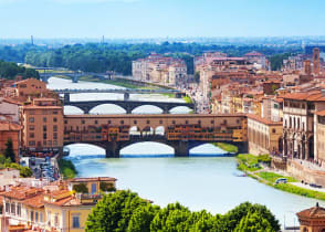 Panorama Arno river and Ponte Vecchio bridge, Florence, Italy