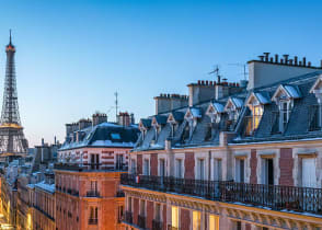 Balconies and rooftops with a view of the Eiffel Tower Paris, France