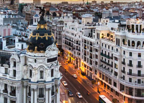 Panoramic view of the main shopping street Gran via in Madrid, Spain