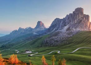 A road winding through the Dolomites.