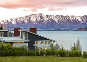 Matakauri Lodge on the shores of Lake Wakatipu with views of the Remarkables mountains in Queenstown, New Zealand