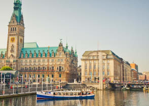 Beautiful view of Hamburg city center with town hall and Alster river