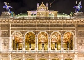 Vienna state opera house at night in Austria.