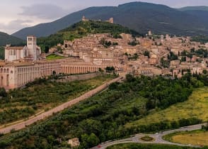 View of the city of Assisi and the Sacro Convento monastery, nowadays theological seminary, Italy