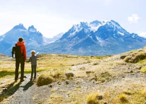 A family hiking at Torres del Paine National Park in Patagonia.