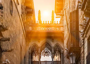 Carrer del Bisbe Bridge in Barcelona, Spain. 