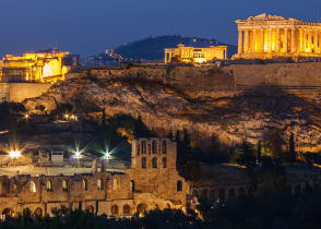 View of Acropolis at night in Athens, Greece 