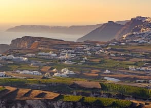 Vineyards and countryside on Santorini island in Greece