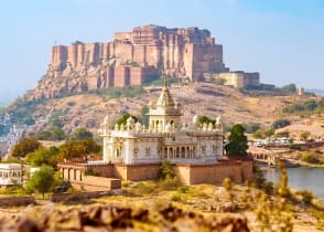 Mehrangarh Fort with the Jaswant Thada memorial in the foreground in Jodhpur, India.