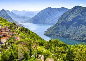 View to Lugano city, Lugano lake and Monte San Salvatore from Monte Bre, Ticino, Switzerland