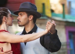 Couple dancing the tango in the La Boca neighborhood of Buenos Aires, Argentina