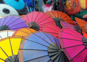 Colorful umbrellas at the market in Cambodia