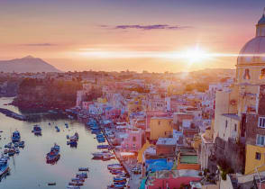 Romantic sunset over Procida, one of the Flegrean Islands off the coast of Naples in southern Italy