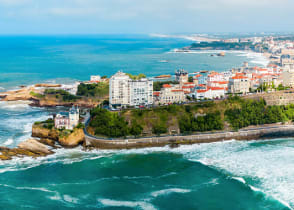 Aerial panoramic view of Biarritz on the Bay of Biscay along the Atlantic coast in France.