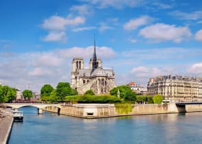 River Seine with Notre Dame Cathedral in Paris, France.
