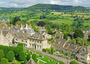 View of the village Painswick and surrounding countryside in the Cotswolds