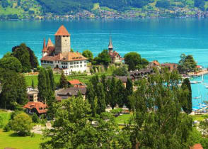 View of Spiez Castle on Lake Thun in Switzerland