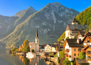 Wooden houses in Hallstatt village on an alpine lake in Salzkammergut, Austria