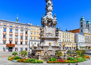 Holy Trinity Column in Hauptplaz main square in Linz, Austria.