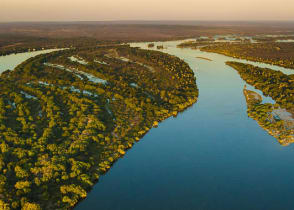 Zambezi River and Victoria Falls from the air in Zambia