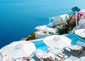 Terraces in luxury hotel in Santorini Island