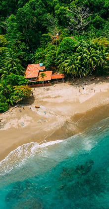 Tropical beach with red-roofed house surrounded by lush jungle.