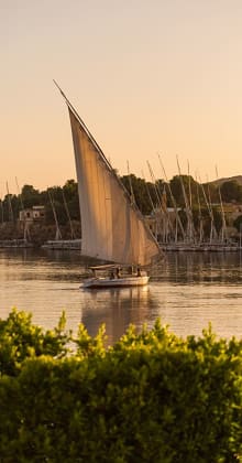 Traditional sailboat glides along calm river at golden hour.