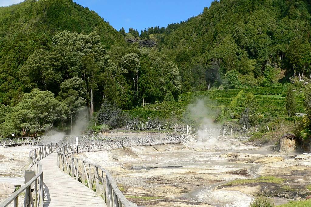 Hot springs and fumaroles on the northern shore of Lake Furnas São Miguel, Azores, Portugal