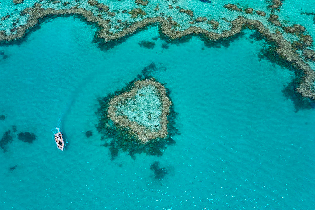 Boat sailing in the Great Barrier Reef, Australia.