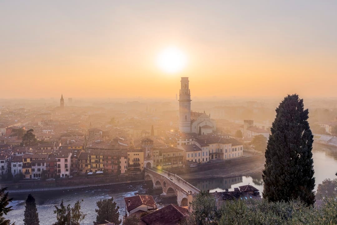 Romantic foggy sunset in Verona, Italy